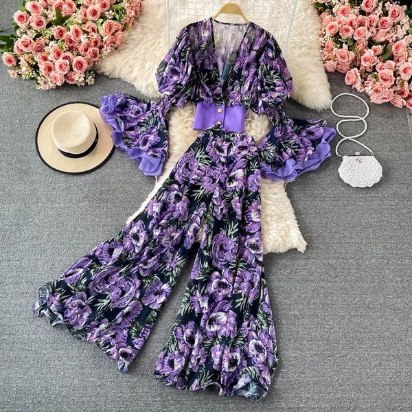 women's two piece pants autumn set elegant floral chiffon suit flare sleeve v-neck high waist wide leg summer outfit, White
women's two piece pants autumn set elegant floral chiffon suit flare sleeve v-neck high waist wide leg summer outfit, White