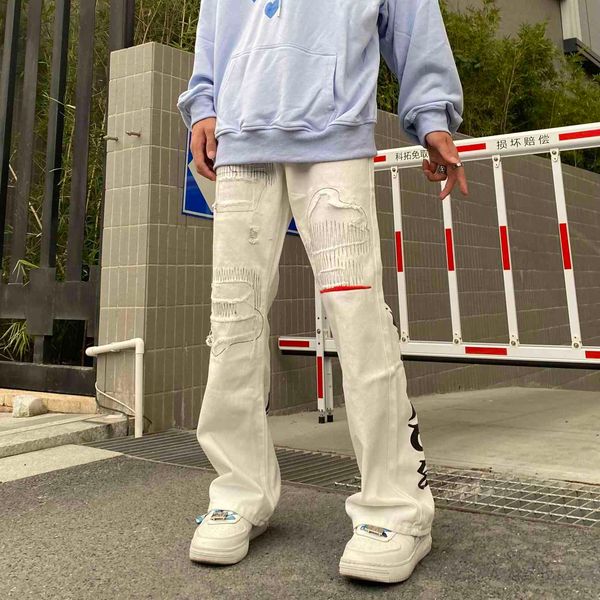 jiangxiaowen high street lettered printed washed jeans men's and women's loose micro horn pants, Blue 
jiangxiaowen high street lettered printed washed jeans men's and women's loose micro horn pants, Blue
