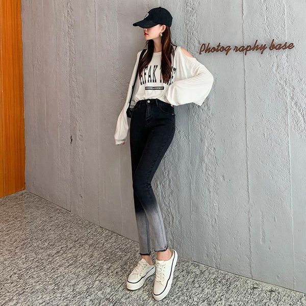 women's jeans autumn black and white gradient high waist cotton stretch women's retro skinny frayed pencil pants ankle-length, Blue
women's jeans autumn black and white gradient high waist cotton stretch women's retro skinny frayed pencil pants ankle-length, Blue