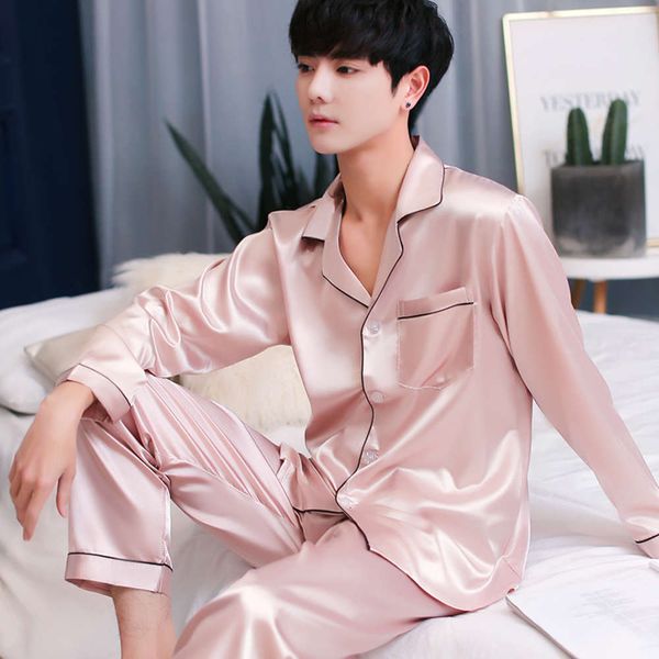 korean solid color pajamas thin spring autumn silk ice summer men's long sleeve home wear, Black;brown
korean solid color pajamas thin spring autumn silk ice summer men's long sleeve home wear, Black;brown