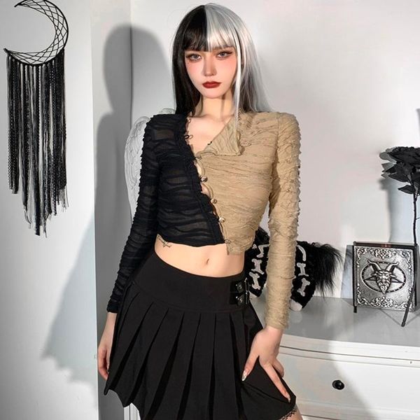 women's blouses & shirts retro gothic t-shirt women punk goth y2k button patchwork long sleeve slim crop tee mesh blouse lapel clu, White
women's blouses & shirts retro gothic t-shirt women punk goth y2k button patchwork long sleeve slim crop tee mesh blouse lapel clu, White