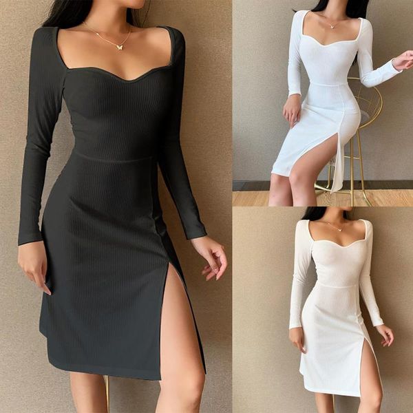 #60 women's fashion casual solid color square neck long sleeve high split dress fashion aesthetic and elegant vestido, Black;gray
#60 women's fashion casual solid color square neck long sleeve high split dress fashion aesthetic and elegant vestido, Black;gray