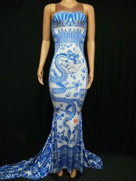 blue and white porcelain floral print dress sleeveless long tail dress birthday dresses singer stage performance wear, Black;red
blue and white porcelain floral print dress sleeveless long tail dress birthday dresses singer stage performance wear, Black;red