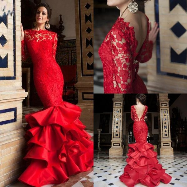 2021 new red mermaid evening es lace backless tiered ruffles bateau illusion sweep train prom party gowns 384i, Black;red 
2021 new red mermaid evening es lace backless tiered ruffles bateau illusion sweep train prom party gowns 384i, Black;red
