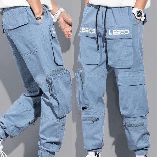 men's jeans yoa multi pocket cargo pants casual baggy hip hop men harem streetwear drawstring denim trousers, Blue 
men's jeans yoa multi pocket cargo pants casual baggy hip hop men harem streetwear drawstring denim trousers, Blue