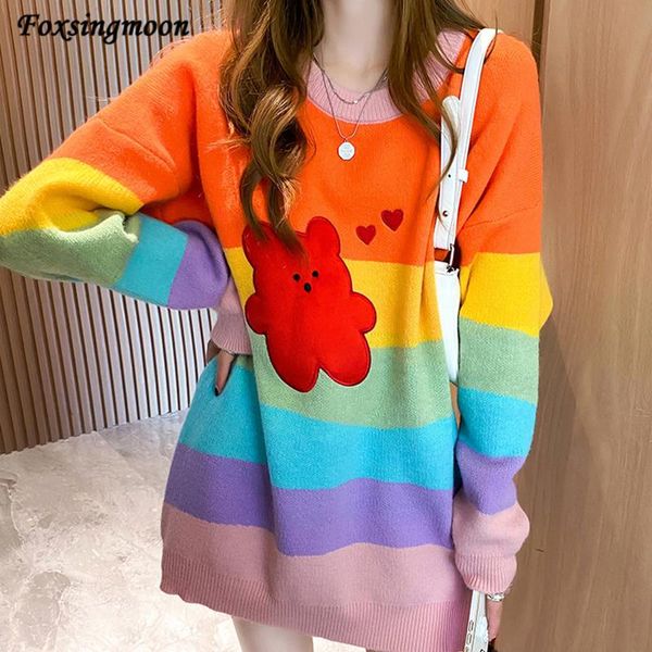 women's sweaters oversized sweater women 2021 fashion rainbow striped embroidered letters knitted pullovers loose casual streetwear, White;black
women's sweaters oversized sweater women 2021 fashion rainbow striped embroidered letters knitted pullovers loose casual streetwear, White;black