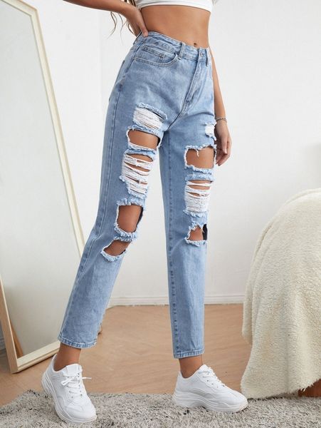 high waist ripped jeans n2nw#, Blue