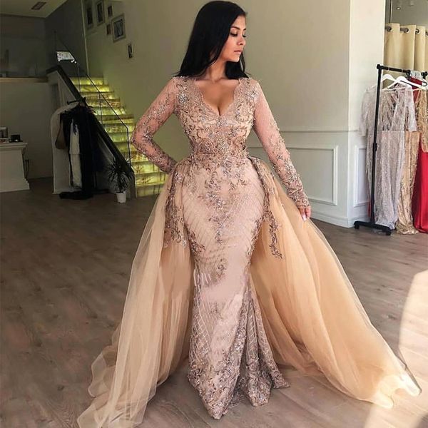 long sleeves lace sequined mermaid evening dresses with detachable train appliqued v neck tulle formal prom gowns, Black;red
long sleeves lace sequined mermaid evening dresses with detachable train appliqued v neck tulle formal prom gowns, Black;red