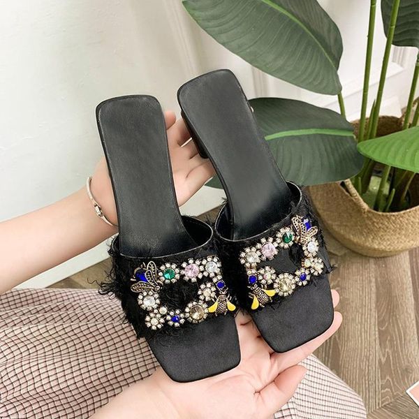 slippers ladies colorful rhinestone tassel open toe high heel womens shoes square sandals woman slides, Black
slippers ladies colorful rhinestone tassel open toe high heel womens shoes square sandals woman slides, Black