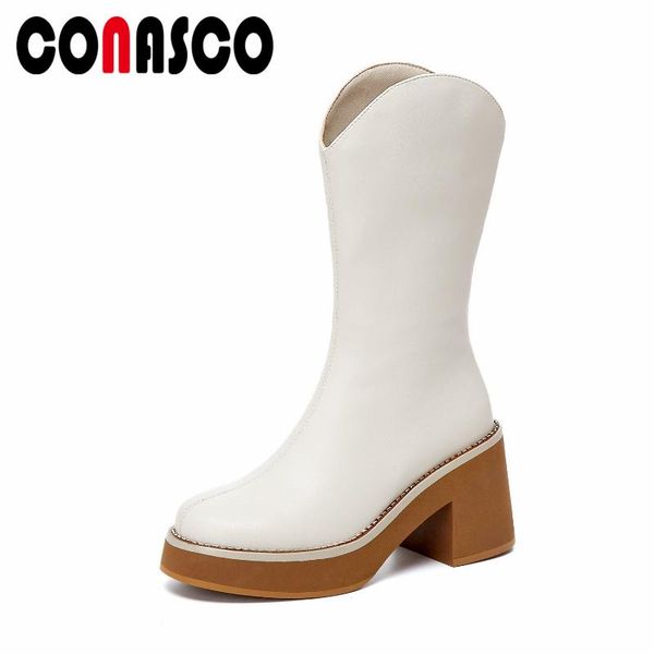boots conasco 2021 women mid-calfboots autumn winter warm genuine leather elegant office lady shoes concise design woman, Black