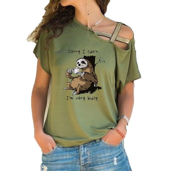 women's t-shirt women summer short sleeve plus size cute lazy sloth print funny casual female irregular skew cross bandage tee, White
women's t-shirt women summer short sleeve plus size cute lazy sloth print funny casual female irregular skew cross bandage tee, White