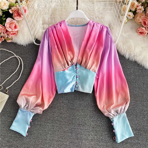 2021 autumn raiow gradient color printed blouse women v-neck lantern long sleeve short female single breasted shirt 2c1q, Blue
2021 autumn raiow gradient color printed blouse women v-neck lantern long sleeve short female single breasted shirt 2c1q, Blue