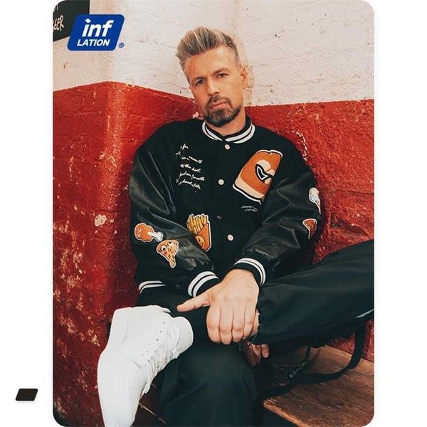 inflation embroidery baseball varsity jacket men black leather sleeve bomber winter thick fleece outwear 211110, Black;brown
inflation embroidery baseball varsity jacket men black leather sleeve bomber winter thick fleece outwear 211110, Black;brown