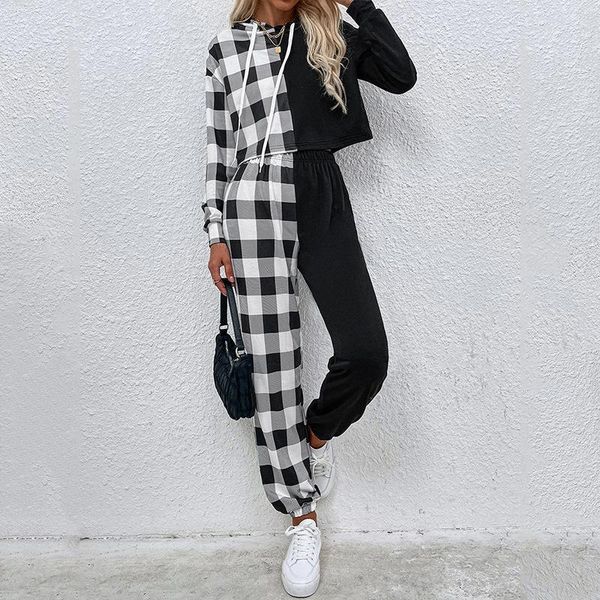 women's two piece pants 2021 autumn european and american fashion wear black white plaid two-piece set stitching hooded sports suit wom 
women's two piece pants 2021 autumn european and american fashion wear black white plaid two-piece set stitching hooded sports suit wom