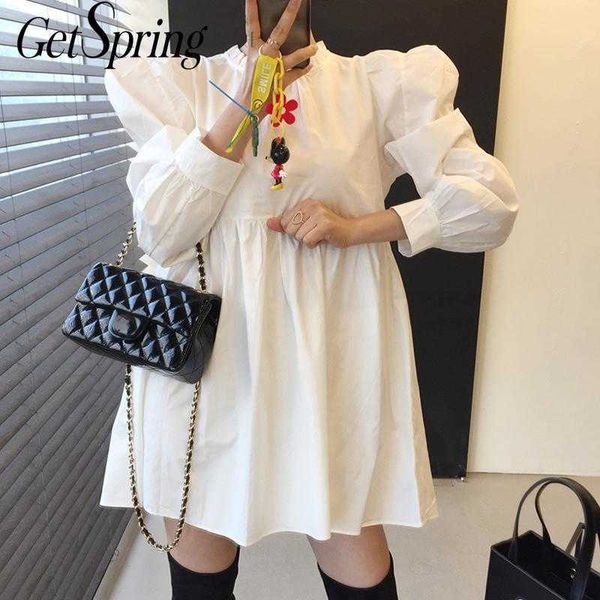 getspring women dress puff sleeve cotton black white shirt es long casual loose woman spring summer 210601, Black;gray
getspring women dress puff sleeve cotton black white shirt es long casual loose woman spring summer 210601, Black;gray