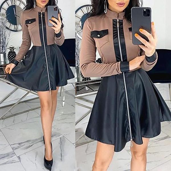 2021 women dress autumn a-line color block slim zipper faux leather short dress one-piece s coffee women's clothing femme robe, Black;gray
2021 women dress autumn a-line color block slim zipper faux leather short dress one-piece s coffee women's clothing femme robe, Black;gray
