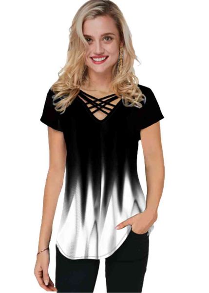 women's short sve , casual with gradient printing, v-neck cross loose street women's t-shirt, White
women's short sve , casual with gradient printing, v-neck cross loose street women's t-shirt, White