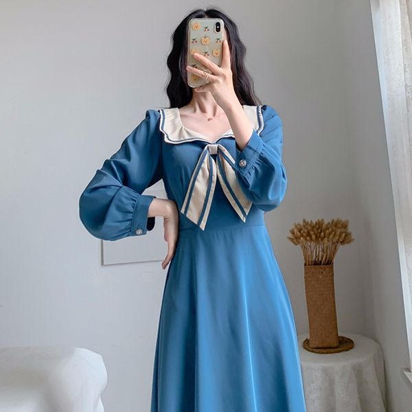 dressed spring new style french retro anti-aging temperament sailor collar dress long female fashion fairy kio5, Black;gray
dressed spring new style french retro anti-aging temperament sailor collar dress long female fashion fairy kio5, Black;gray