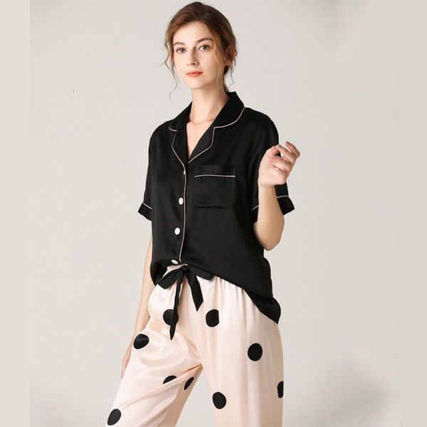 women faux silk pajamas dot striped soft short sleeve sleepwear lapel collar homewear female pyjamas nightwear, Black;red
women faux silk pajamas dot striped soft short sleeve sleepwear lapel collar homewear female pyjamas nightwear, Black;red
