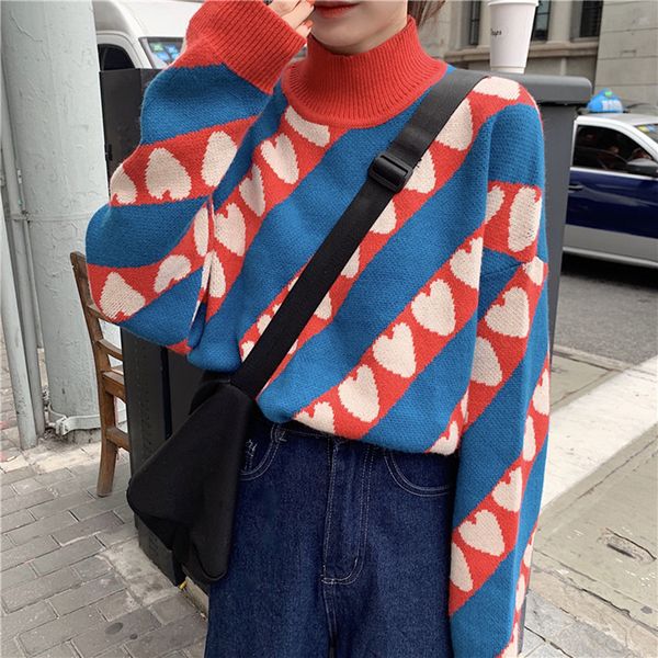 2021 new retro loose heing all-match half high neck love knitted color matching personalized sweater miee, White;black
2021 new retro loose heing all-match half high neck love knitted color matching personalized sweater miee, White;black