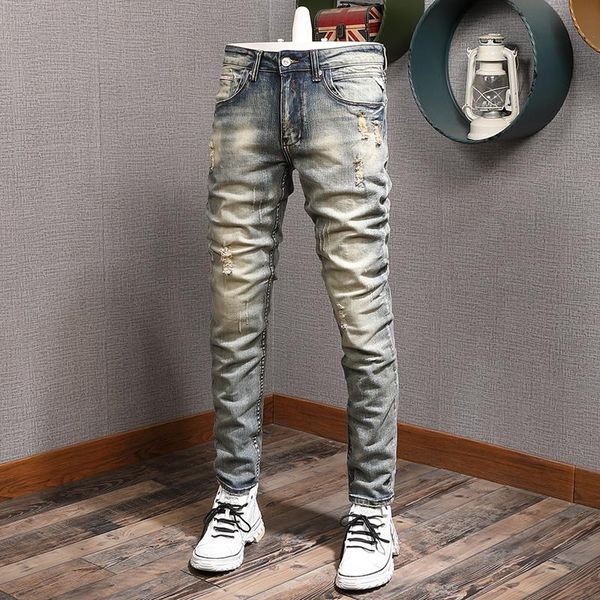 men's jeans european vintage fashion men retro yellow distressed wash elastic slim fit ripped designer casual denim pants, Blue
men's jeans european vintage fashion men retro yellow distressed wash elastic slim fit ripped designer casual denim pants, Blue