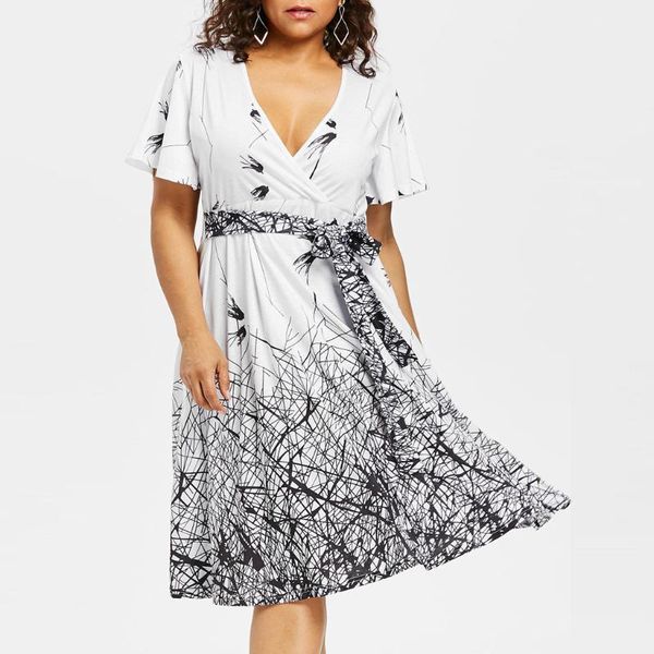 women's swimwear fashion women plus size v-neck bandage short sleeve print a-line dresslarge printed straps beach dress, White;black
women's swimwear fashion women plus size v-neck bandage short sleeve print a-line dresslarge printed straps beach dress, White;black