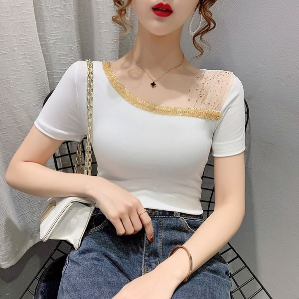 new spring summer korean style cotton t-shirt fashion skew collar shiny diamonds mesh women short sleeve tees 2021 t12922a i7uh, White
new spring summer korean style cotton t-shirt fashion skew collar shiny diamonds mesh women short sleeve tees 2021 t12922a i7uh, White