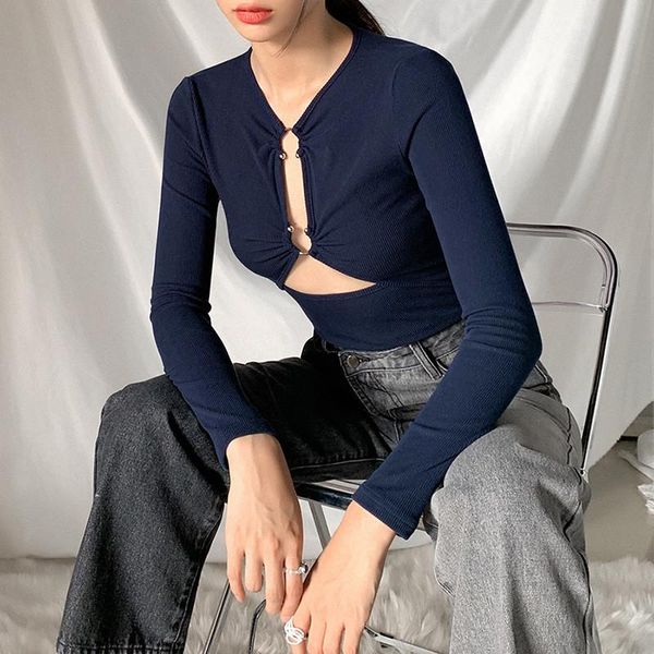 women's t-shirt fashion women solid crop dark blue long sleeve close-fitting hollow out v-neck retro clothes streetwear, White
women's t-shirt fashion women solid crop dark blue long sleeve close-fitting hollow out v-neck retro clothes streetwear, White