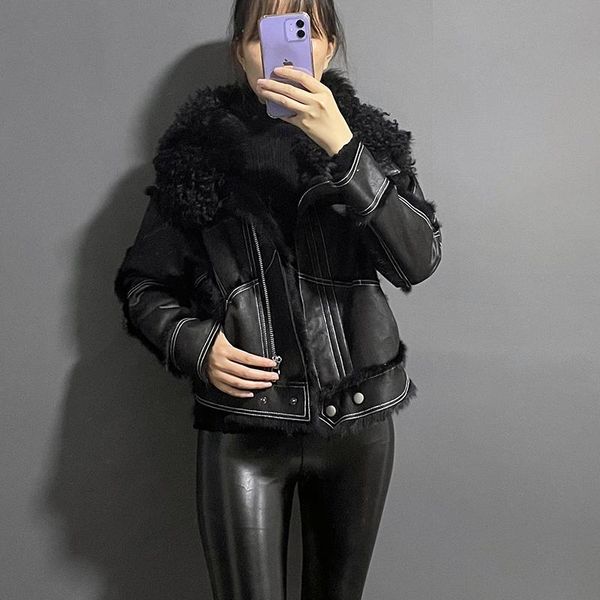women's leather & faux gl21103 2021 winter arrival oversizedd loose style real sheep fur shearling jacket long sleeve, Black
women's leather & faux gl21103 2021 winter arrival oversizedd loose style real sheep fur shearling jacket long sleeve, Black
