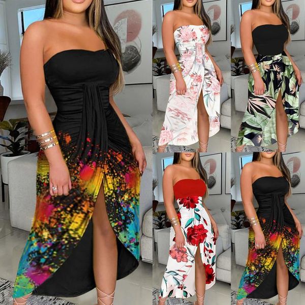 party dresses women's summer dress fashion print strapless long beach split club women 2021 vestidos, White;black
party dresses women's summer dress fashion print strapless long beach split club women 2021 vestidos, White;black