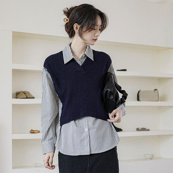 autumn new korea fashion women long sleeve loose turn-down collar shirts fake two piece knitted patchwork casual blouses v8, White
autumn new korea fashion women long sleeve loose turn-down collar shirts fake two piece knitted patchwork casual blouses v8, White
