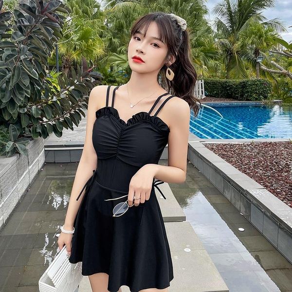 women's swimwear 2021 swimsuit skirt style one piece conservative cover belly show thin fairy model korean spring swimming suit, White;black
women's swimwear 2021 swimsuit skirt style one piece conservative cover belly show thin fairy model korean spring swimming suit, White;black