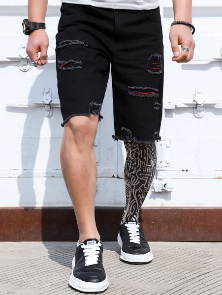 men ripped raw cut denim shorts b5ca#, Blue
