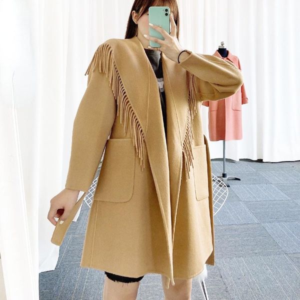 women's wool & blends 2021 autumn winter solid color tassel double-sided coat women long sleeve lace up pockets coats female, Black
women's wool & blends 2021 autumn winter solid color tassel double-sided coat women long sleeve lace up pockets coats female, Black