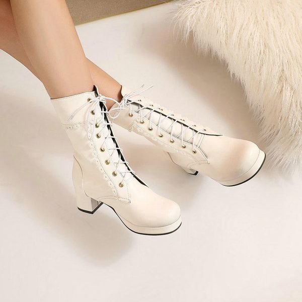 boots women's thick heel mid calf color matching lace female up shoes round toe fashion, Black
boots women's thick heel mid calf color matching lace female up shoes round toe fashion, Black