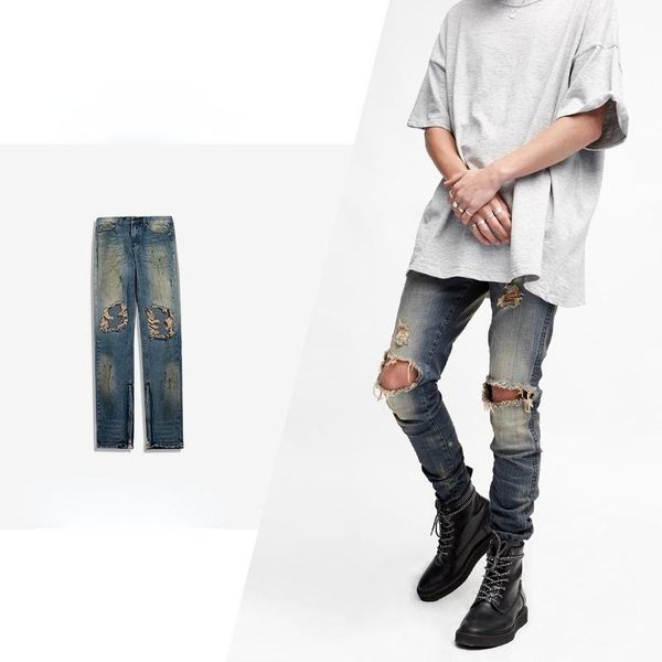 men's jeans focus on autumn and winter large holes slim straight leg pants zipper street style dirty, Blue