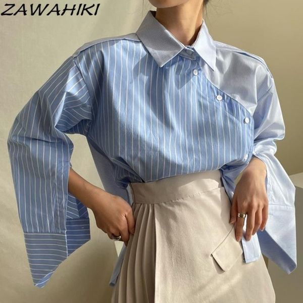 women's blouses & shirts zawahiki korean shirt spring turn down collar long sleeve striped contrast color irregular patchwork loose bl, White