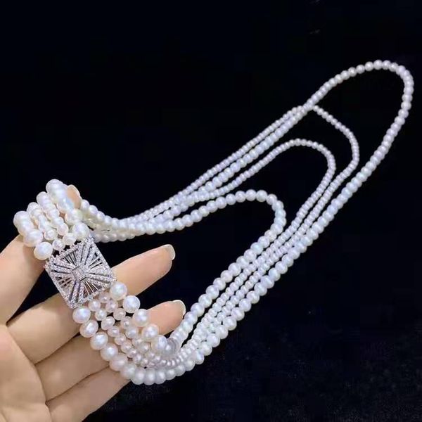 chains handmade 4strands white freshwater pearl necklace micro inlay zircon accessories button sweater long 48-75cm, Silver
chains handmade 4strands white freshwater pearl necklace micro inlay zircon accessories button sweater long 48-75cm, Silver