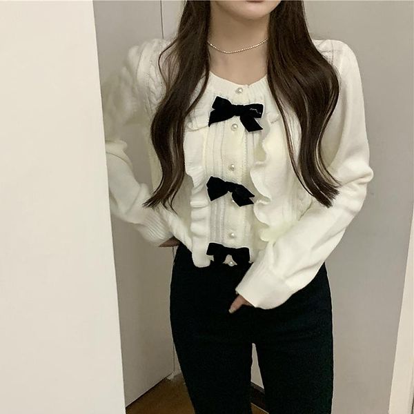 women's sweaters elegant ruffles bow sweater women autumn winter long sleeve vintage korean white knitted pull femme, White;black
women's sweaters elegant ruffles bow sweater women autumn winter long sleeve vintage korean white knitted pull femme, White;black