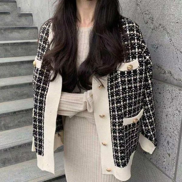 v neck single breast design loose knit sweater cardigans women vintage plaid small fragrance pull femme coat spring, White
v neck single breast design loose knit sweater cardigans women vintage plaid small fragrance pull femme coat spring, White