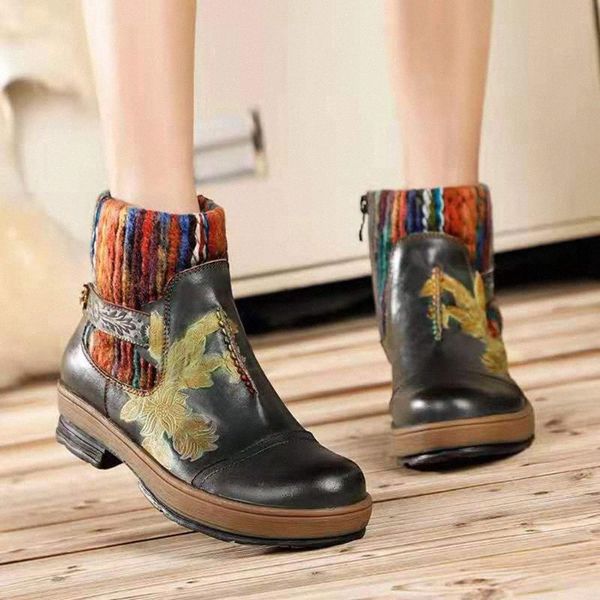 women's round toe vintage leather shoes winter side zip lady's short boot embroidery style platforms booties plus size 43 u184#, Black
women's round toe vintage leather shoes winter side zip lady's short boot embroidery style platforms booties plus size 43 u184#, Black