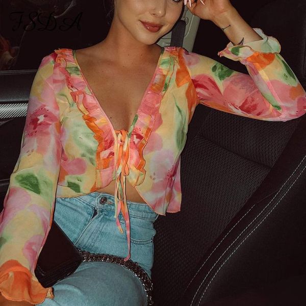 women's t-shirt tie-dye printed crop with ruffled cuffs red v-neck long-sleeved pull rope for women summer 2021, White 
women's t-shirt tie-dye printed crop with ruffled cuffs red v-neck long-sleeved pull rope for women summer 2021, White