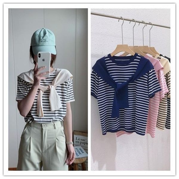 women's t-shirt 2021 summer t-shirts for women knit stripes o-neck short sleeve tees casual t shirts fashion vintage streetwear korean, White
women's t-shirt 2021 summer t-shirts for women knit stripes o-neck short sleeve tees casual t shirts fashion vintage streetwear korean, White