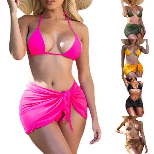 women's swimwear ladies 3pcs beachwear suit summer solid color hanging neck tie up adjustable split overskirt with triangle panties, White;black
women's swimwear ladies 3pcs beachwear suit summer solid color hanging neck tie up adjustable split overskirt with triangle panties, White;black