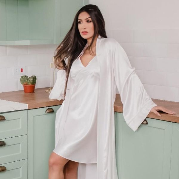women's sleepwear restve loose women robes 2 piece set white long sleeve home robe female v neck spaghetti strap nightdress satin autum, Black;red