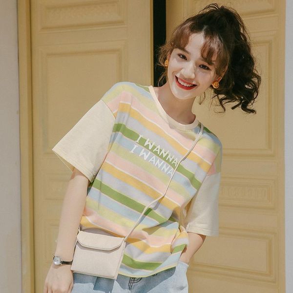 women's t-shirt korean young style rainbow striped loose women summer harajuku kawaii short sleeve t shirt schoolgirl clothes, White
women's t-shirt korean young style rainbow striped loose women summer harajuku kawaii short sleeve t shirt schoolgirl clothes, White