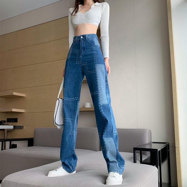 women's jeans streetwear women irregular patch contrast color cotton denim stitching wide leg high waist baggy straight trousers, Blue
women's jeans streetwear women irregular patch contrast color cotton denim stitching wide leg high waist baggy straight trousers, Blue
