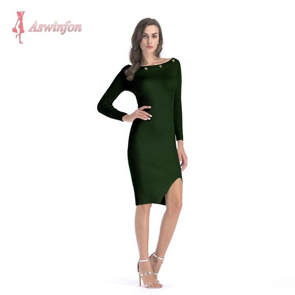 casual dresses aswinfon knit bodycon for women autumn long sleeve midi dress ladies with fashion split hem, Black;gray 
casual dresses aswinfon knit bodycon for women autumn long sleeve midi dress ladies with fashion split hem, Black;gray