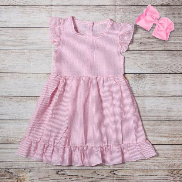 girl's dresses summer girls clothes seersucker pink vertical striped sleeveless buckle on the back girl, Red;yellow