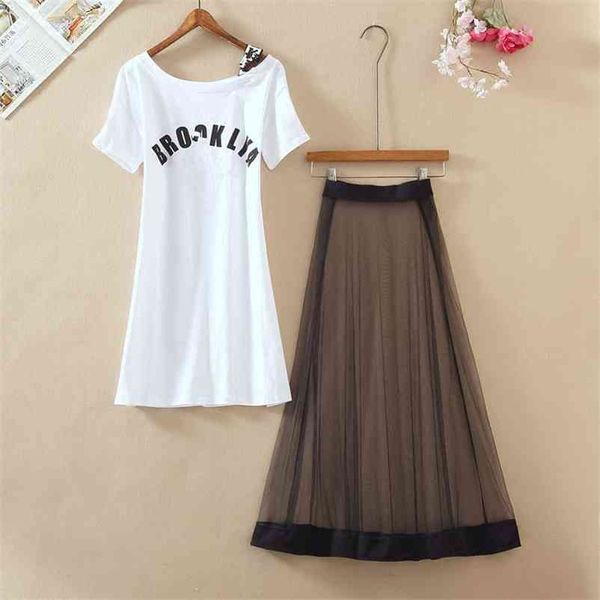 letter printed patchwork t-shirt dress long mesh skirt 2 piece sets summer cotton pleated tulle suits 210530, White
letter printed patchwork t-shirt dress long mesh skirt 2 piece sets summer cotton pleated tulle suits 210530, White